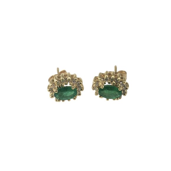 14 Karat Yellow Gold Emerald Diamond Halo Stud Earrings #19463 - Picture 2 of 9